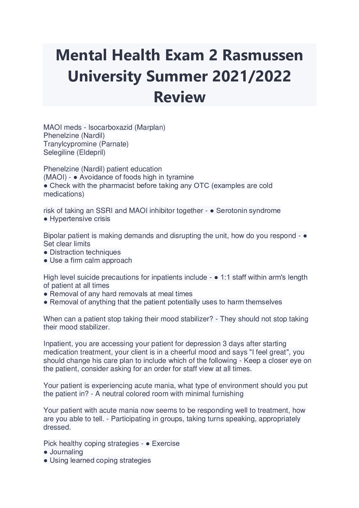 Preview image for Mental Health Exam 2 Rasmussen University Summer 2021/2022 Review